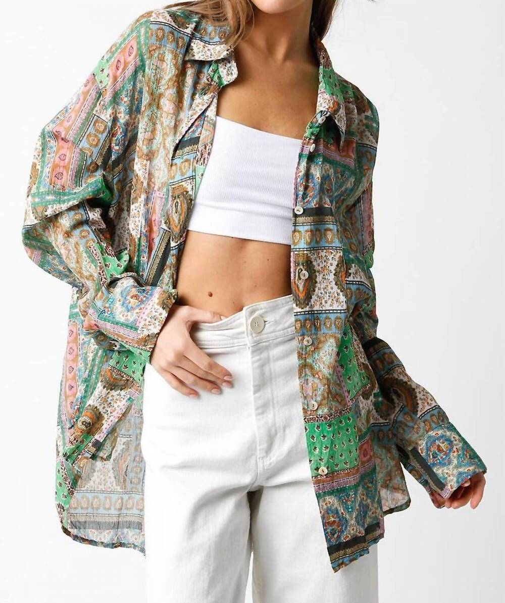 NEW OLIVACEOUS ella button down shirt in green paisley